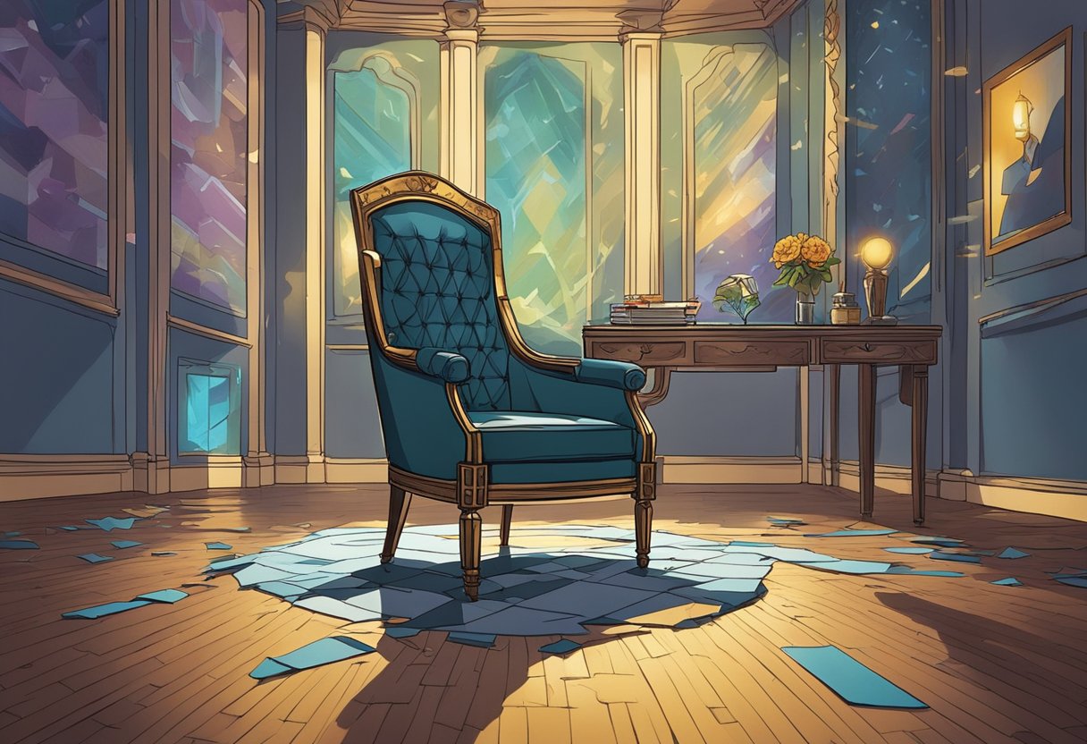 Caesar Flickerman's disappearance, leaving behind a shattered relationship and uncertain loyalties, is depicted by an empty chair at the center of a dimly lit room