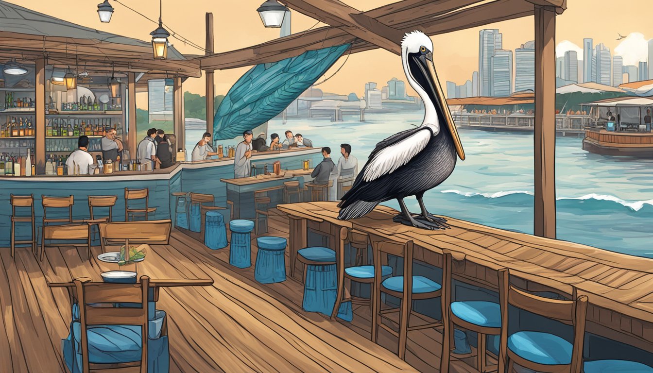 A pelican perched on a wooden dock, surrounded by a bustling seafood bar in Singapore. Waves crash in the background as customers enjoy the lively atmosphere