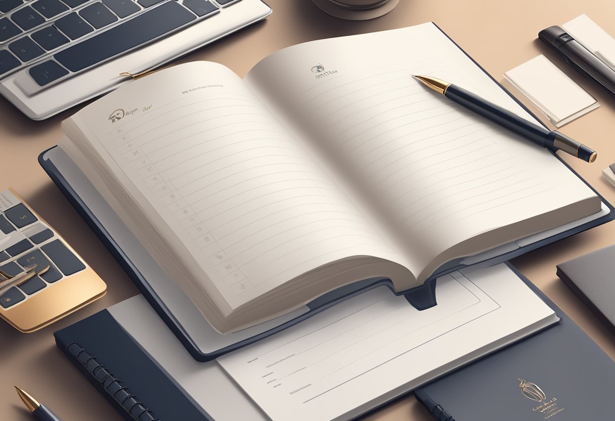 A hand reaches for a sleek corporate diary on a desk. The diary is embossed with a company logo, surrounded by elegant stationery and a branded pen