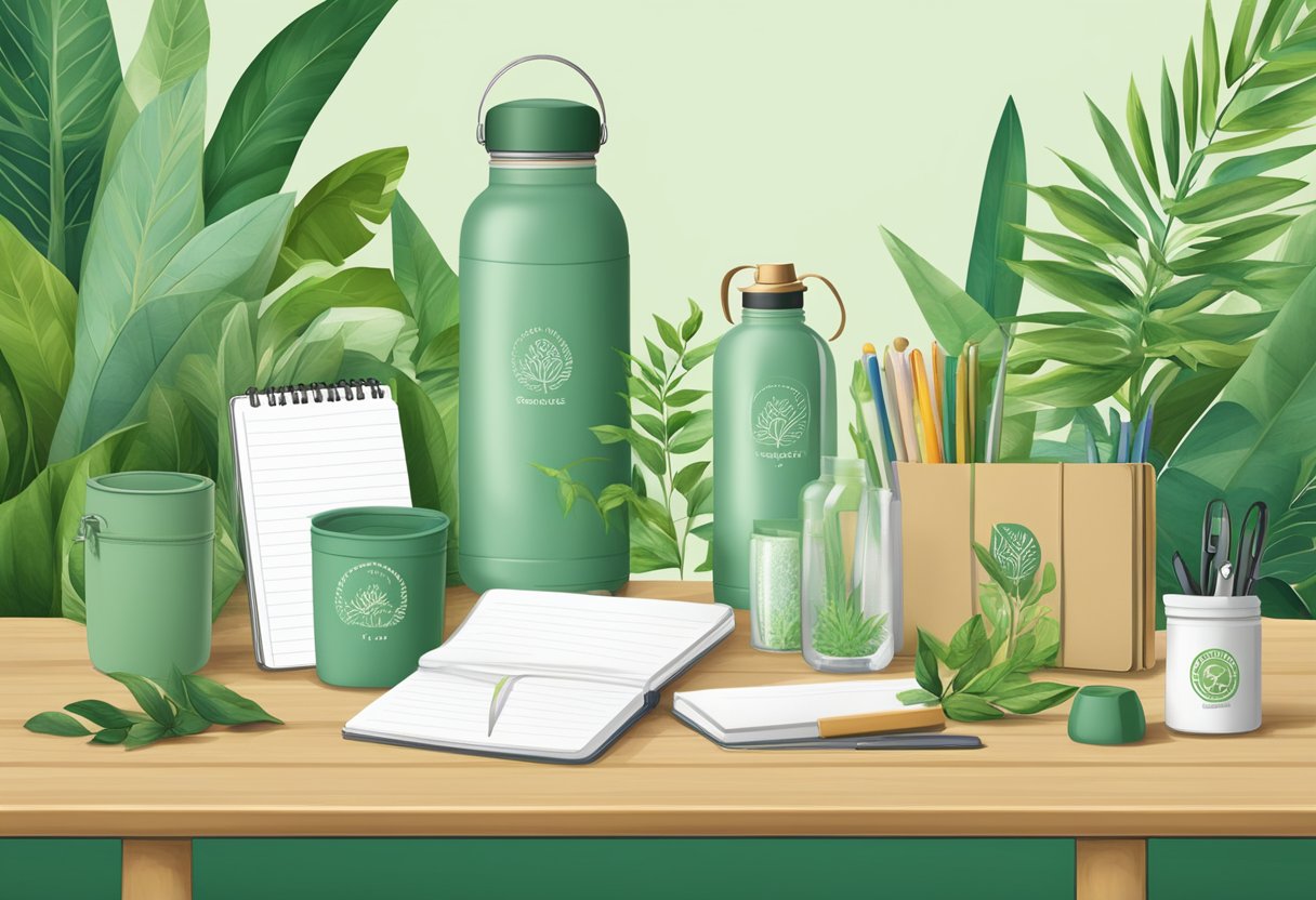A table adorned with sustainable gifts: reusable water bottles, bamboo utensils, and recycled notebooks. A backdrop of lush greenery and a company logo