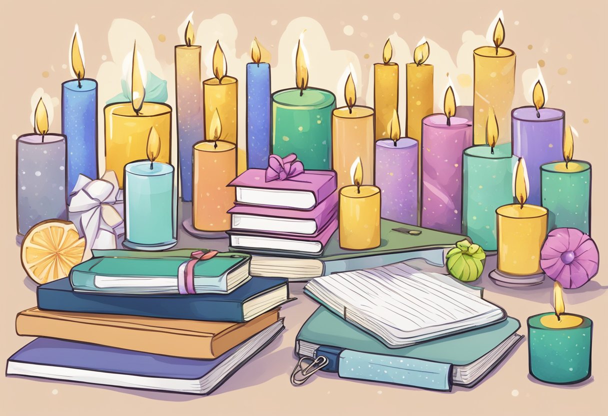 A table displays various door gift items - candles, keychains, and notebooks. A banner reads "Practical Door Gifts for Every Occasion."