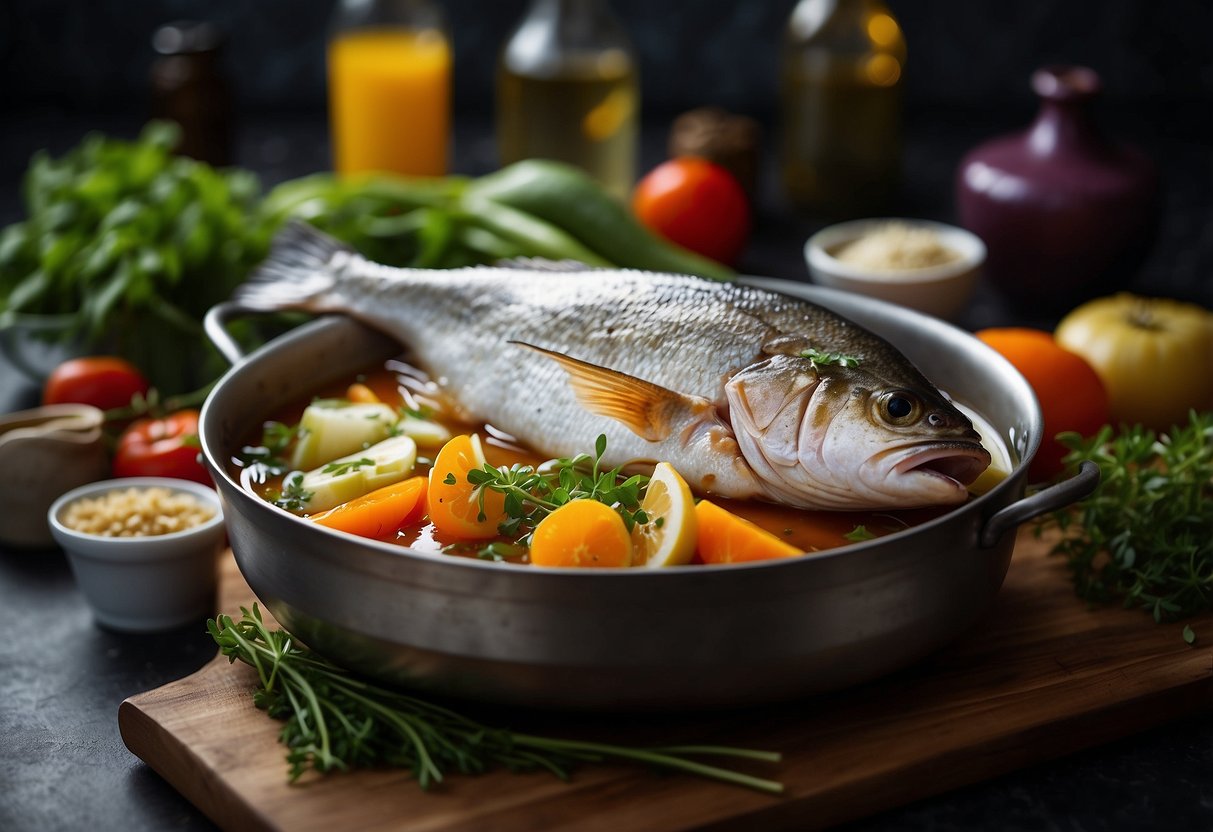 A whole fish simmering in a flavorful broth with herbs and spices, surrounded by colorful vegetables and garnished with fresh herbs