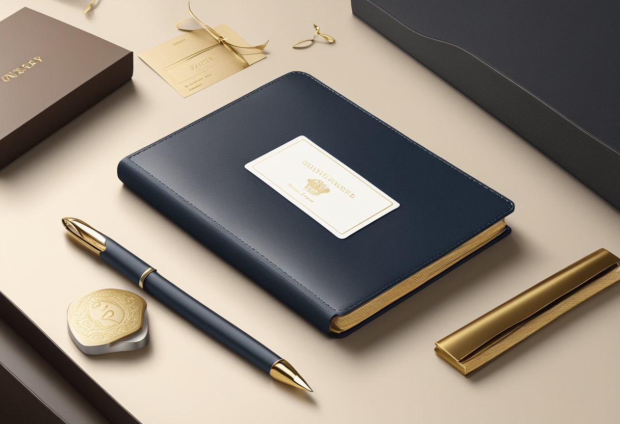 A sleek leather diary with gold embossing sits on a polished desk, surrounded by elegant packaging and a personalized note card