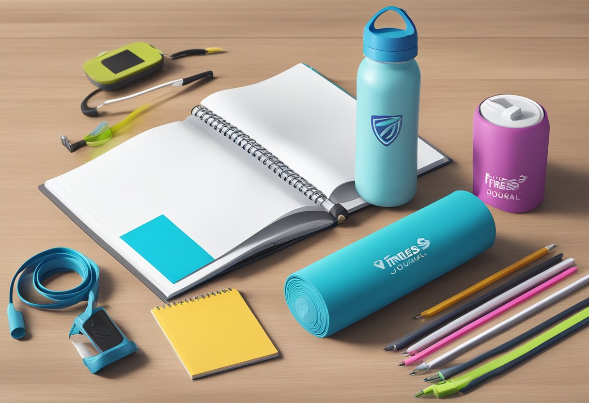 A colorful exercise band wrapped around a branded water bottle and a logo-imprinted fitness journal on a modern desk