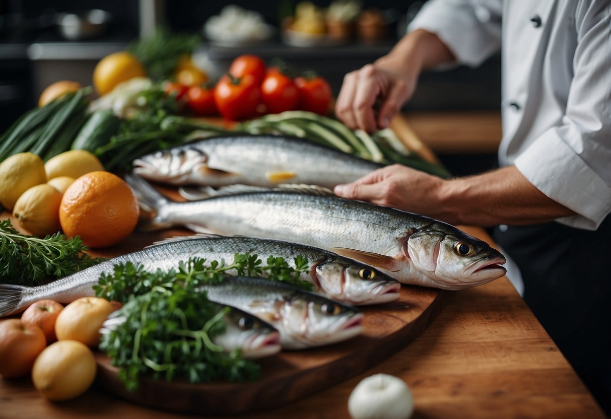 A chef selects fresh fish and ingredients for poached recipes