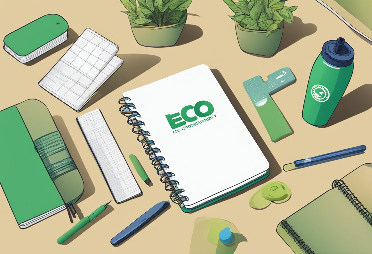 A hand reaches for a bamboo pen set, recycled notebooks, and reusable water bottles on a table with a "Eco-Friendly Corporate Gifts" sign