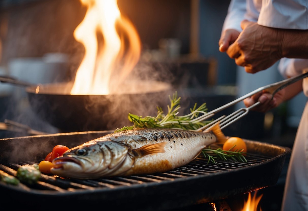 A chef seasons and grills a fresh fish over an open flame, creating a mouthwatering aroma