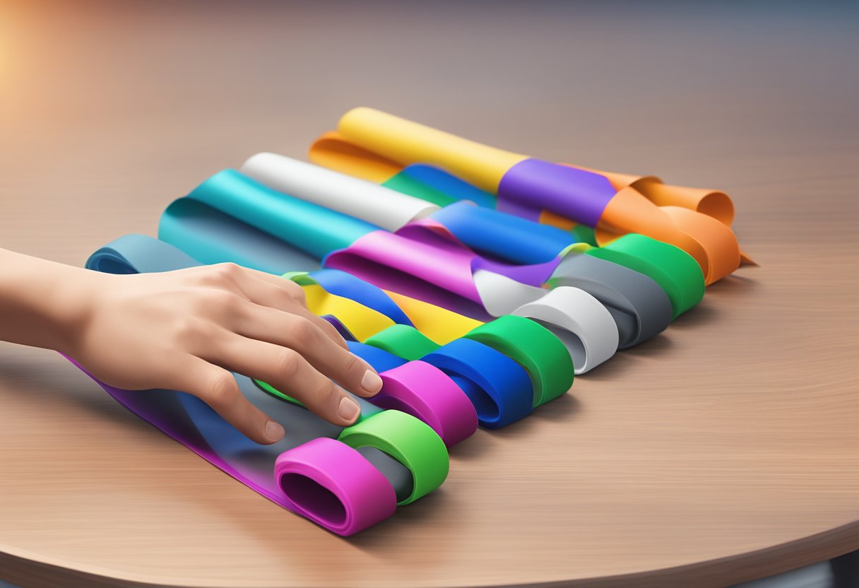 A hand reaches for a set of colorful exercise bands displayed on a table with a corporate logo in the background