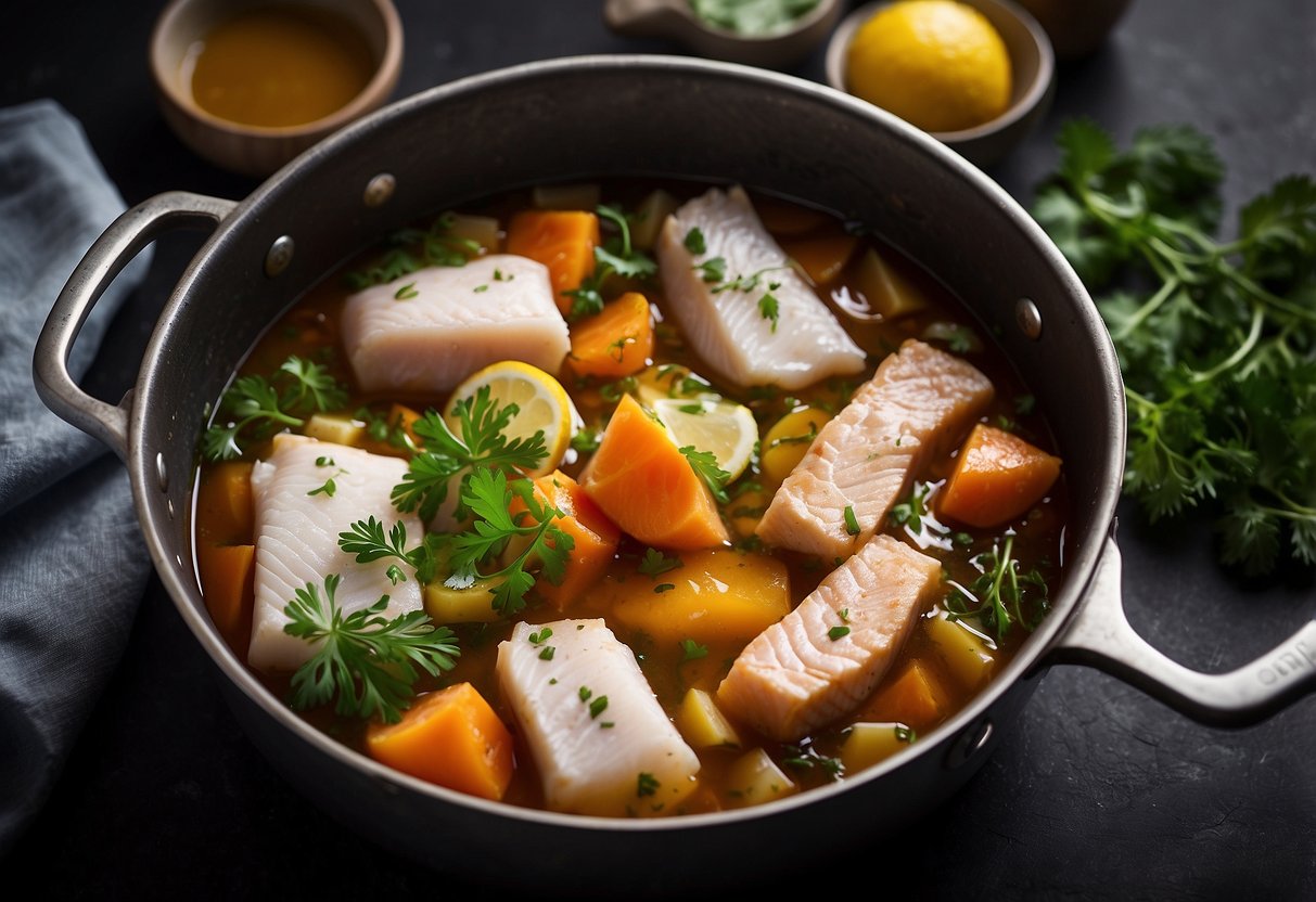 A pot of simmering water with fish fillets being gently poached, surrounded by various ingredients and utensils for preparing the dish