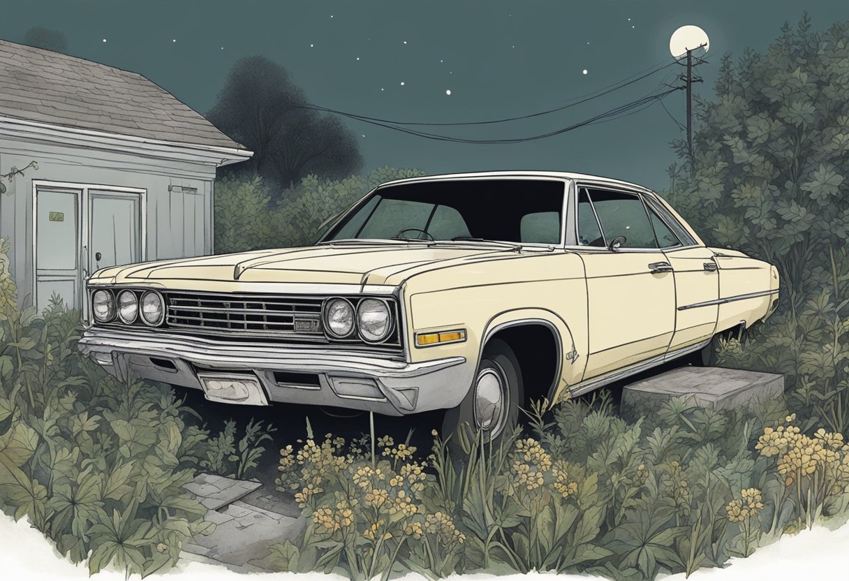 Kristine Barnett's abandoned car sits in a dimly lit parking lot, surrounded by overgrown weeds and a sense of eerie stillness