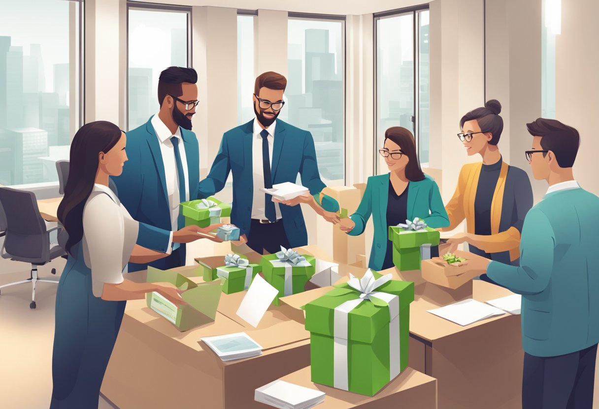 A group of professionals exchanging eco-friendly corporate gifts in a modern office setting