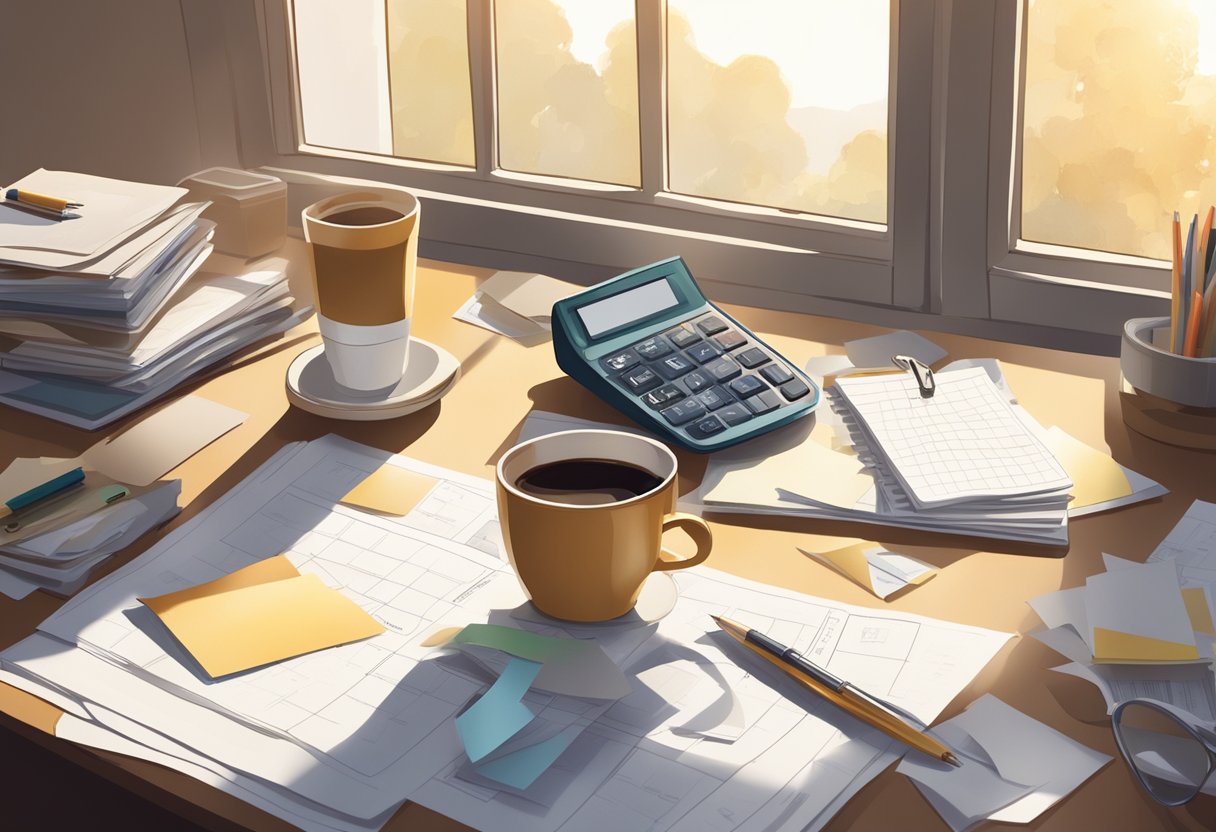 A cluttered desk with scattered papers and a half-empty coffee cup. A calendar with a circled date. Sunlight filters through a window