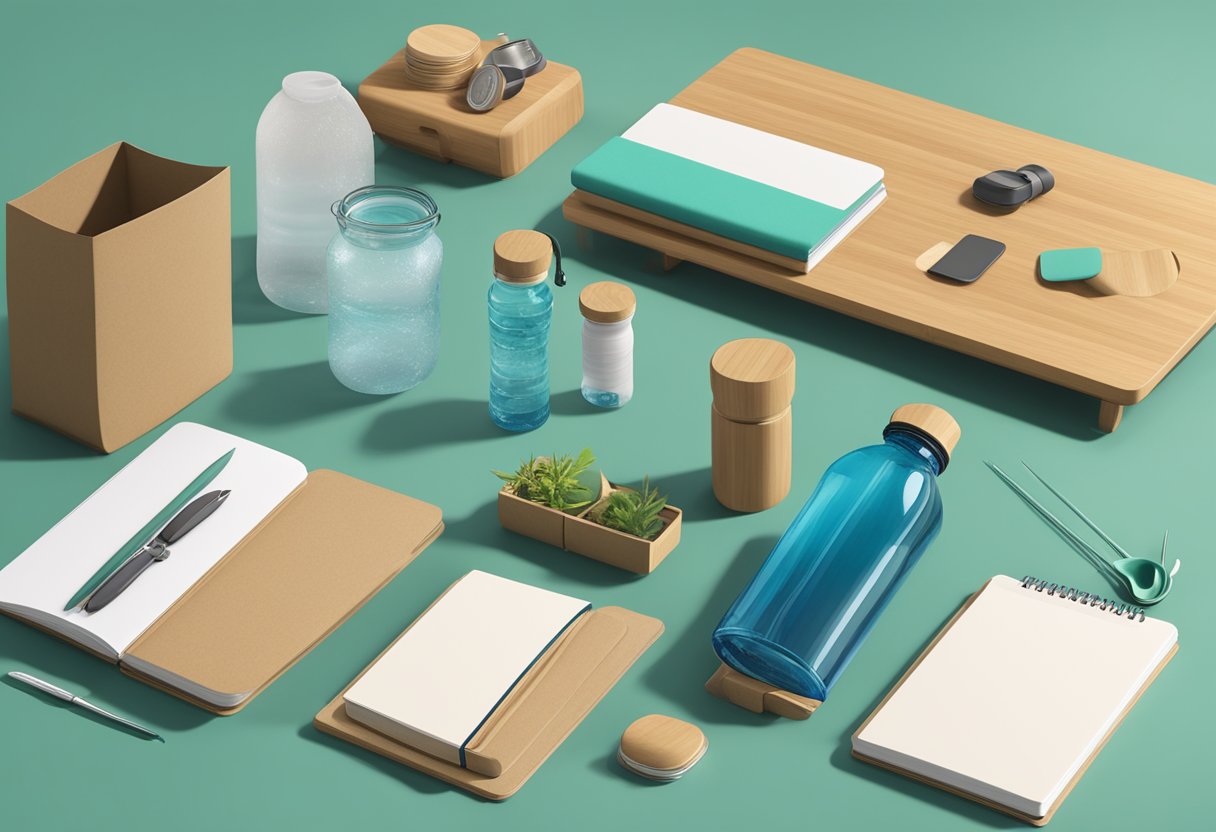 A table with eco-friendly corporate gifts displayed, including reusable water bottles, recycled notebooks, and bamboo utensil sets
