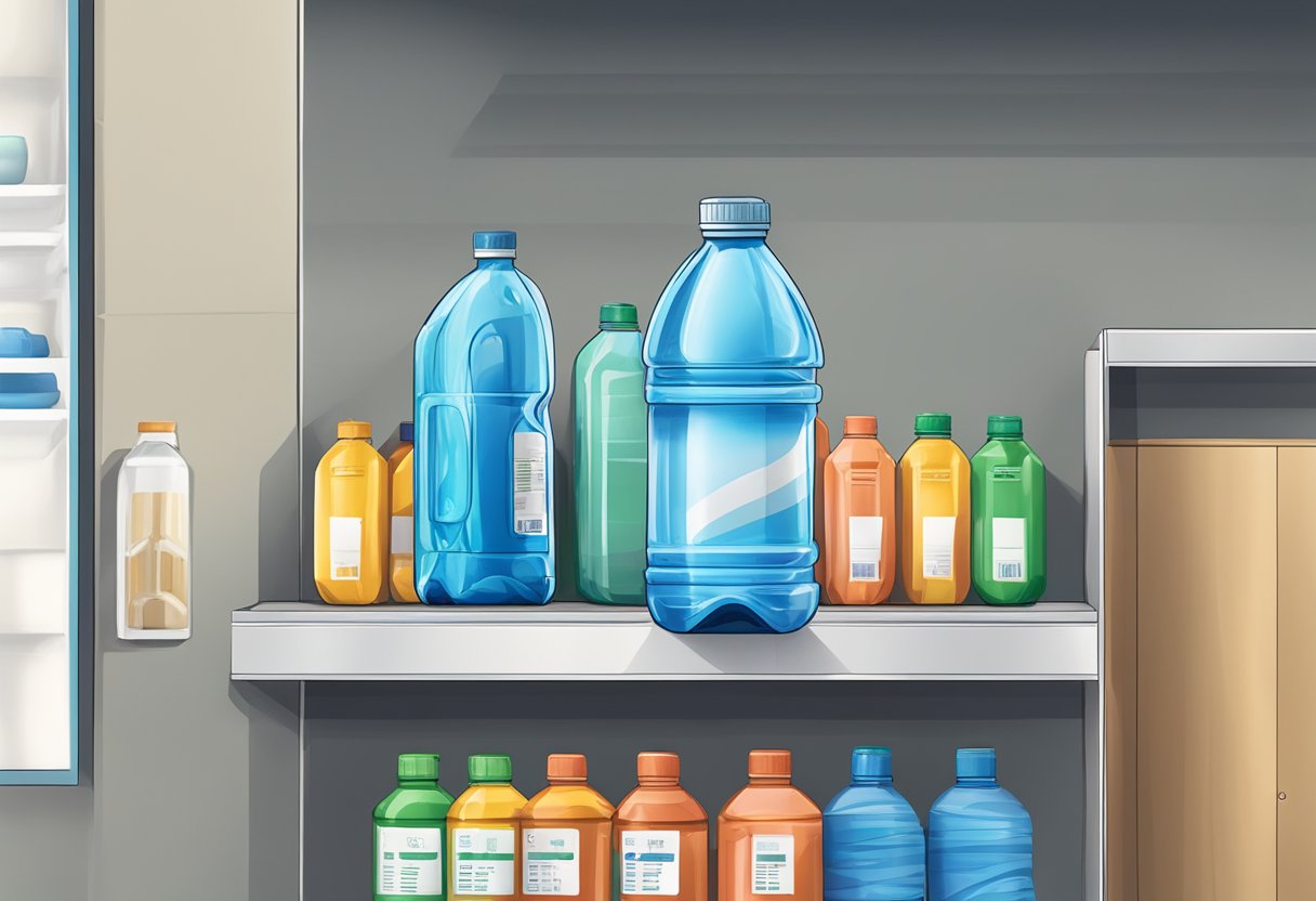 A water bottle sits on a store shelf, with a price tag displayed next to it