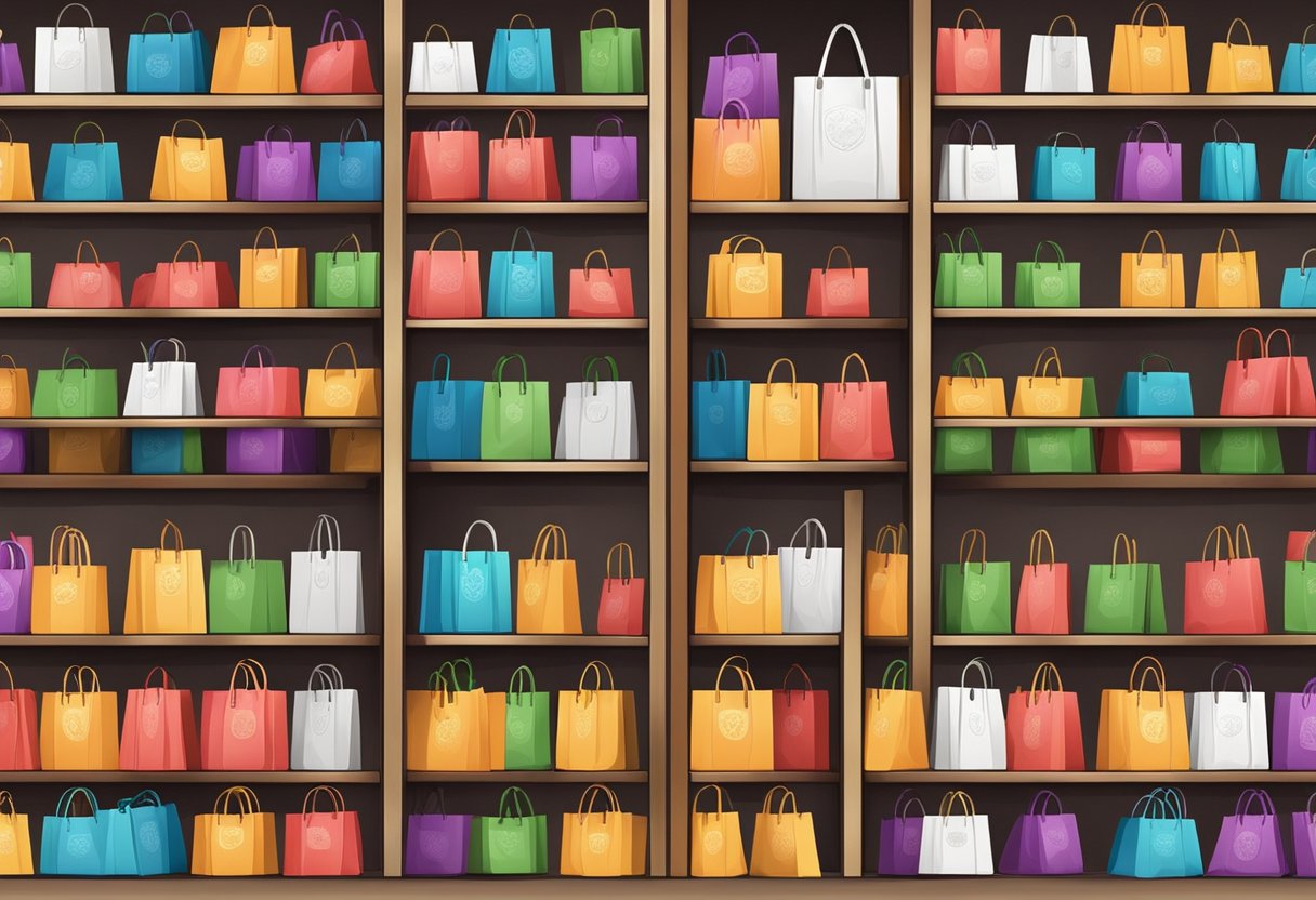 Colorful wholesale shopping bags with logos stacked neatly on a shelf