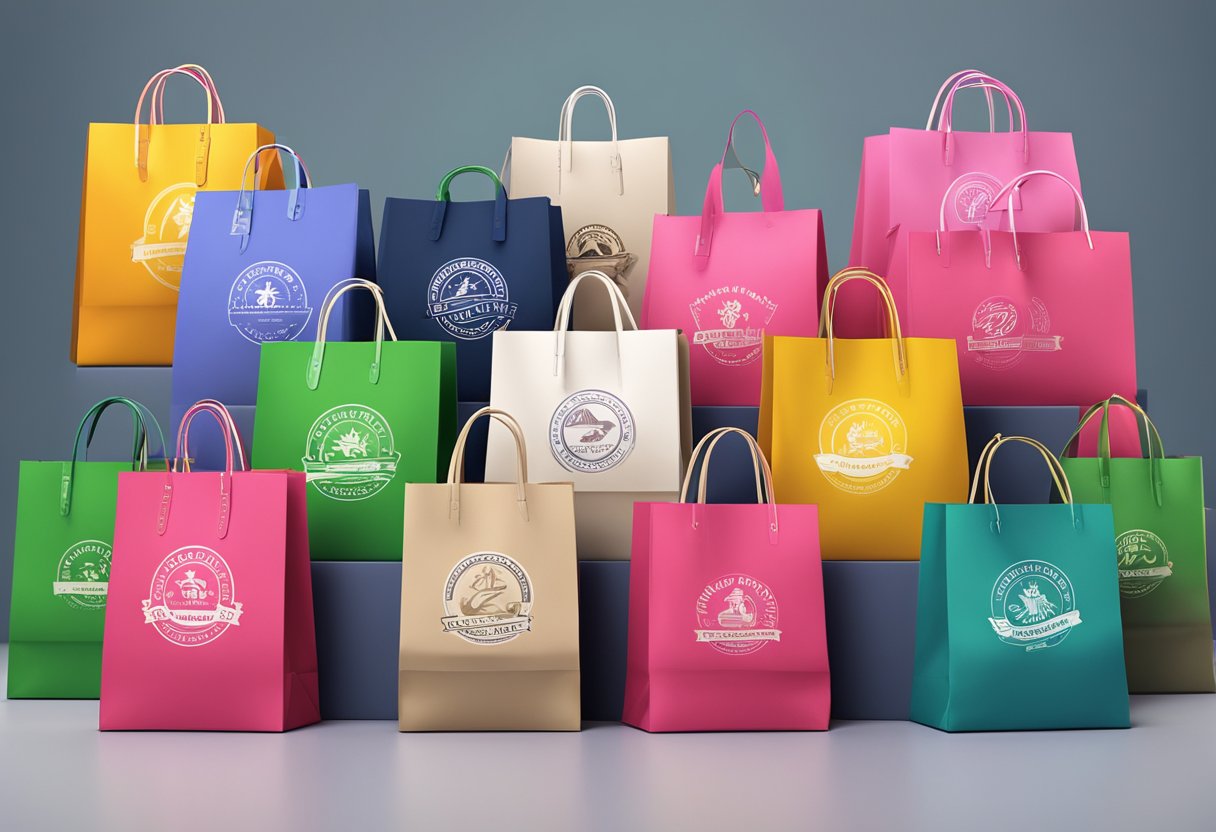 A stack of wholesale shopping bags with logos arranged neatly on a display table. The bags are of different sizes and colors, with the logos prominently displayed on each bag