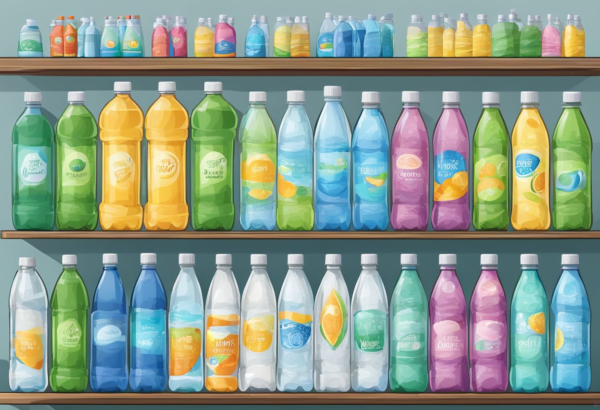 Various water bottles lined up on a shelf, showcasing different types and features. Prices displayed next to each bottle