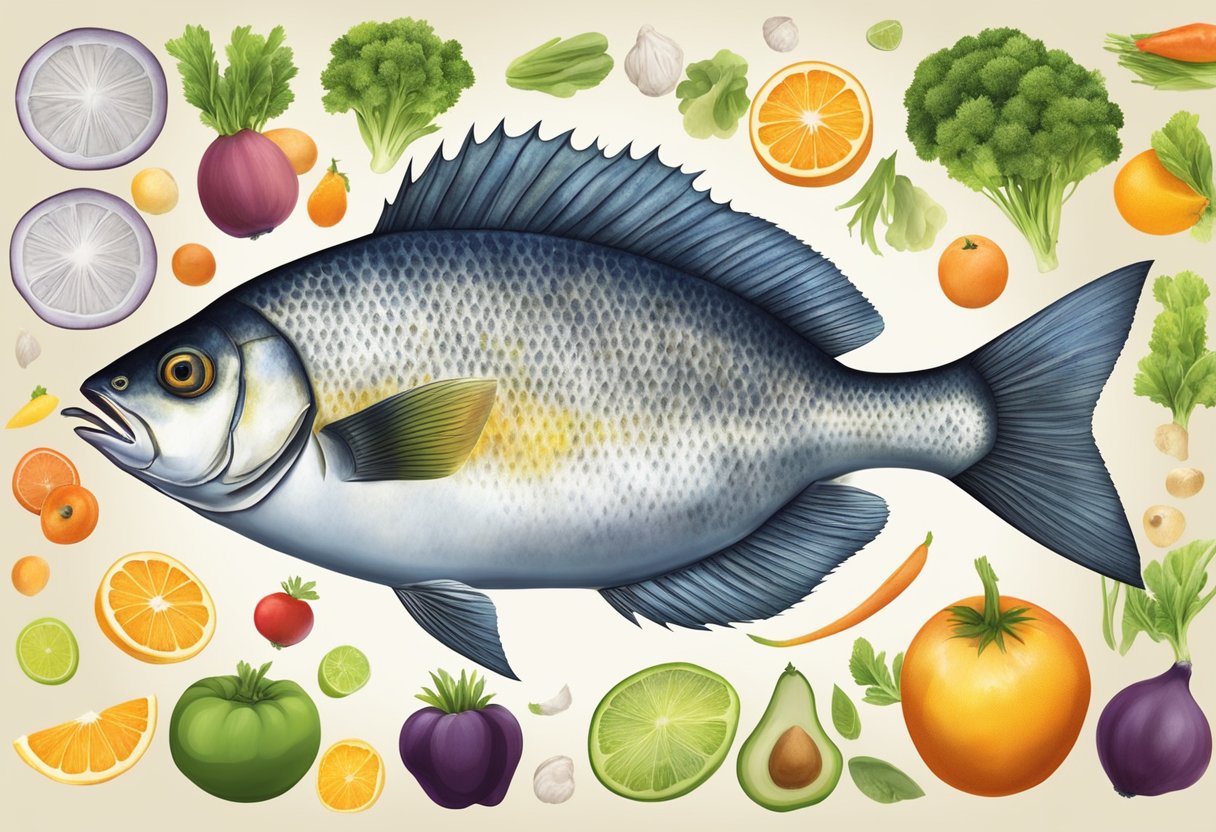 A whole pomfret fish surrounded by colorful fruits and vegetables, with a nutritional chart in the background displaying its health benefits