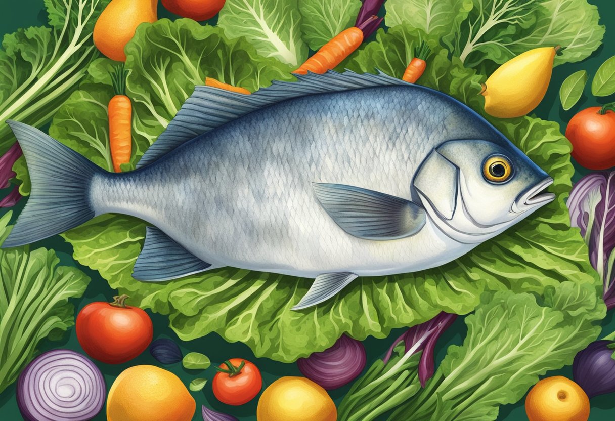 A fresh pomfret fish lies on a bed of vibrant green lettuce, surrounded by colorful vegetables and fruits. Rays of sunlight illuminate the scene, emphasizing the health benefits of eating pomfret