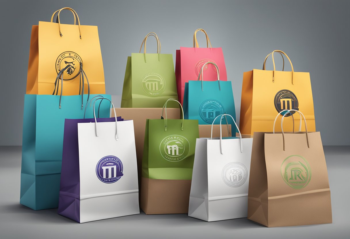 A stack of branded shopping bags, with the logo prominently displayed, sits on a table. Customers approach, asking questions about the bags