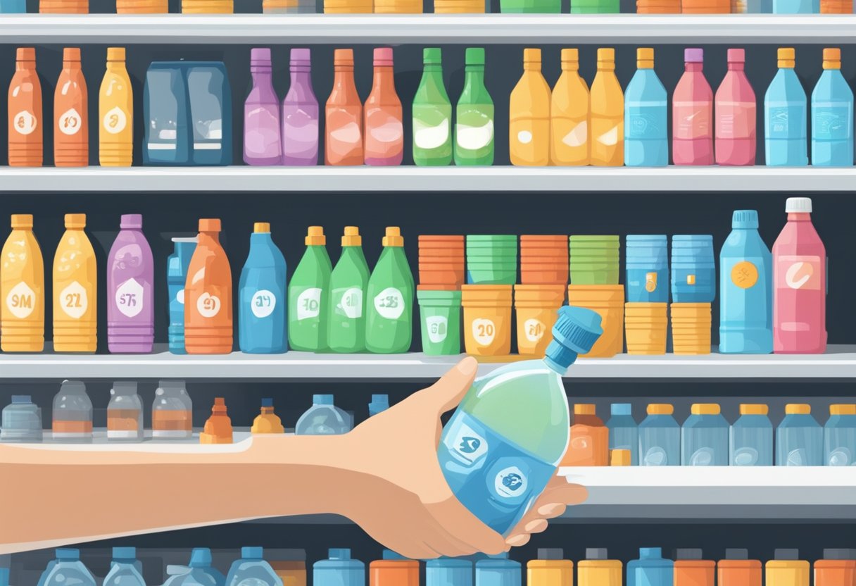 A hand reaches for a water bottle on a store shelf, next to a price tag and a digital display showing the cost