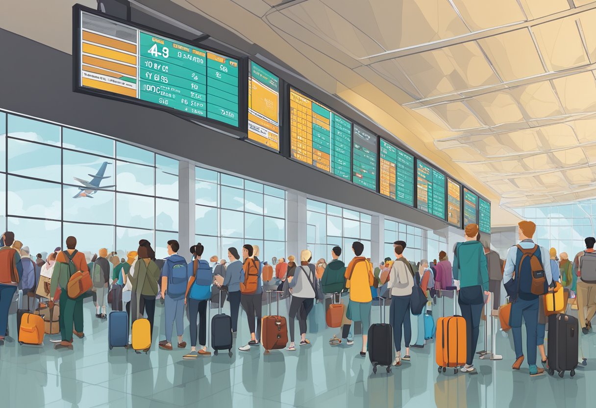 A crowded airport terminal with a digital departure board displaying the announcement for Brandon Roux's flight