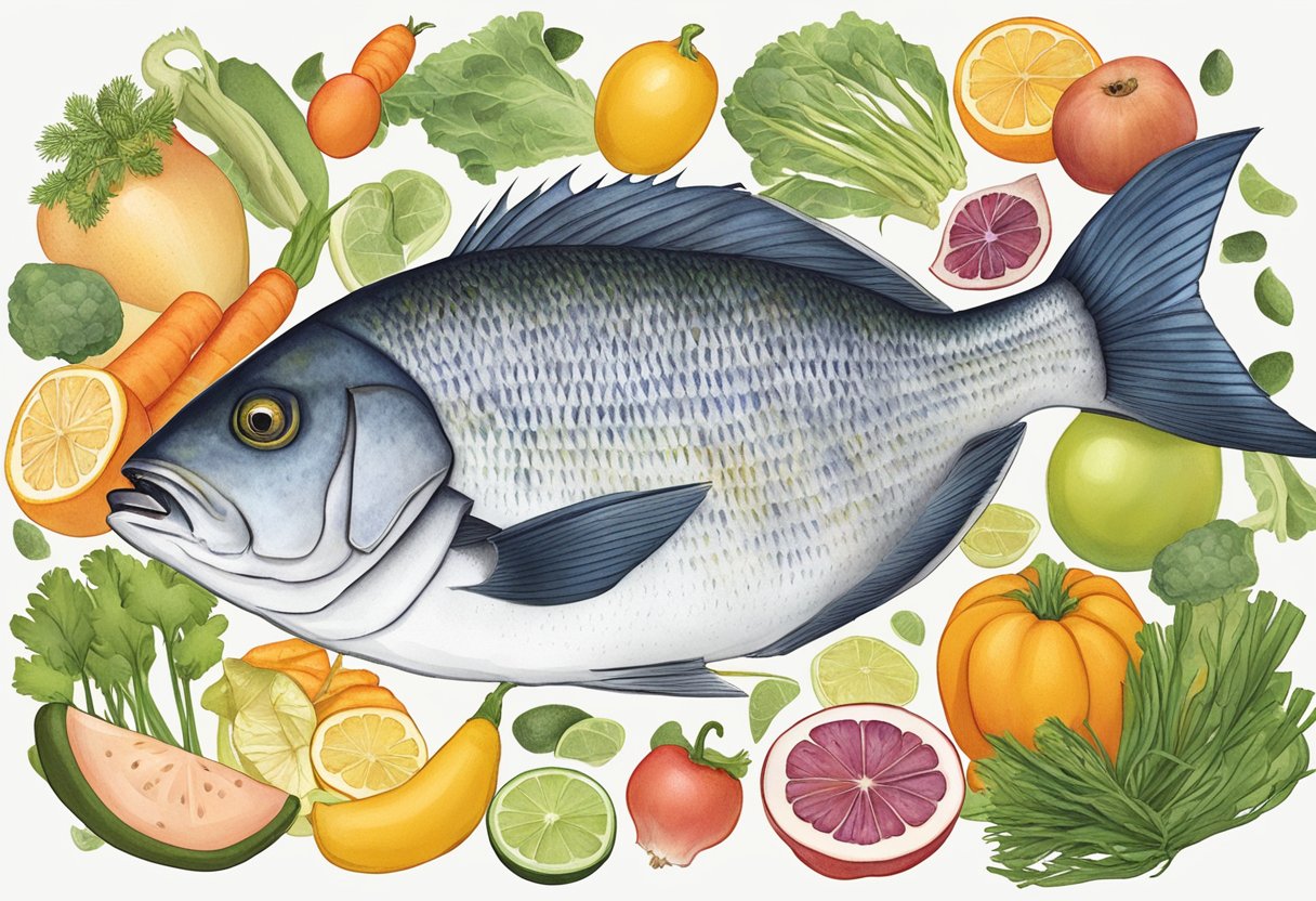A pomfret fish surrounded by various fruits and vegetables, with a banner reading "Frequently Asked Questions pomfret fish benefits" above