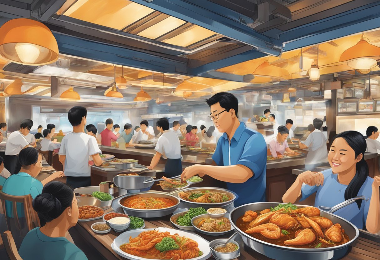 A bustling seafood restaurant in Penang, with a sizzling plate of Singapore chicken at the center. The aroma of spices fills the air as diners eagerly dig in