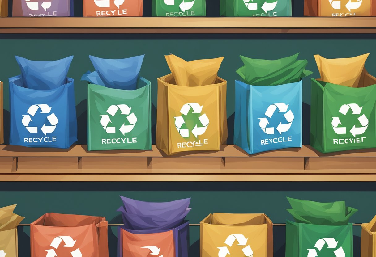 A stack of colorful recycle bags arranged neatly on a shelf, with a logo of a globe and arrows symbolizing recycling