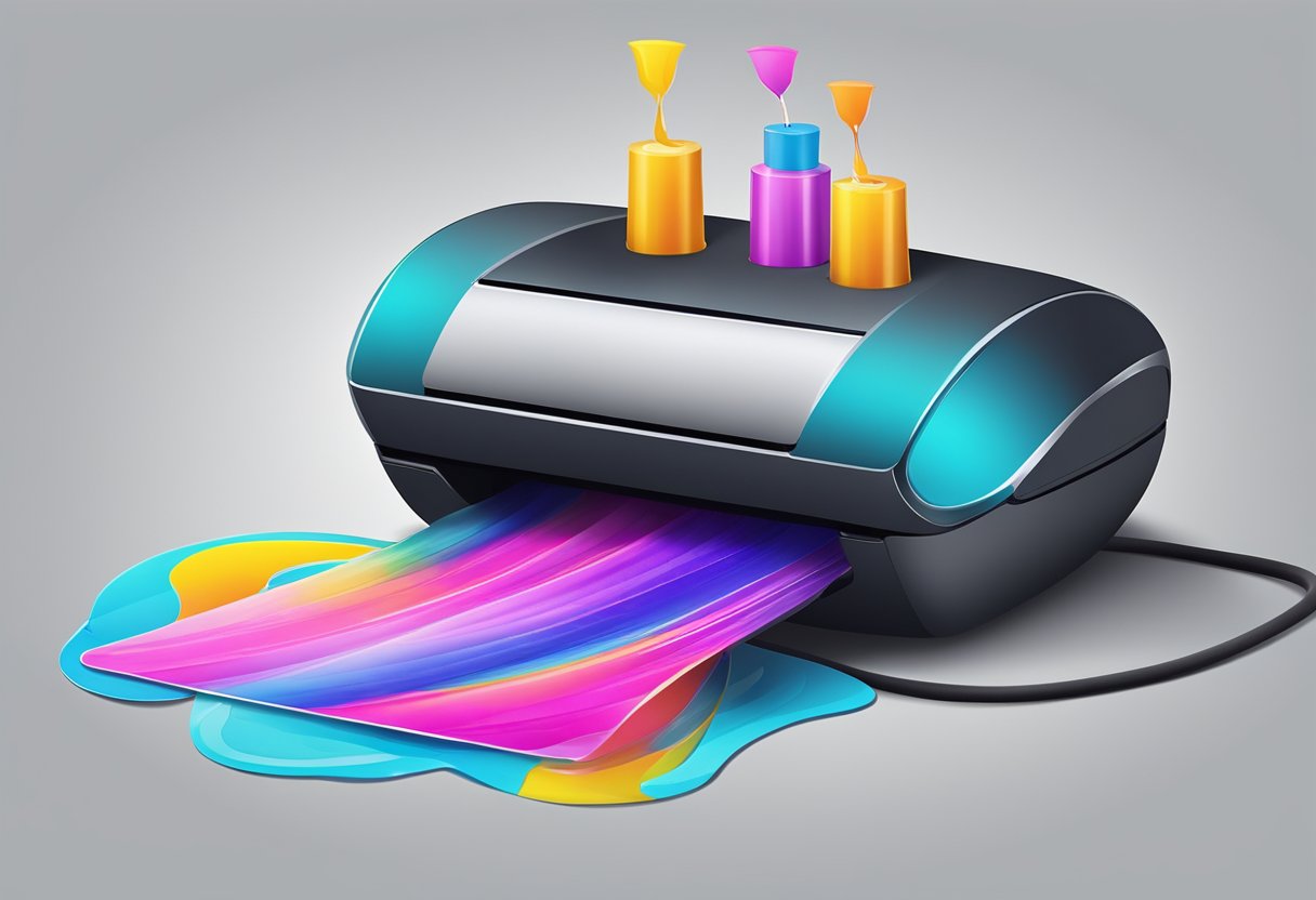 A printer spraying ink onto a blank mouse pad, creating a colorful design