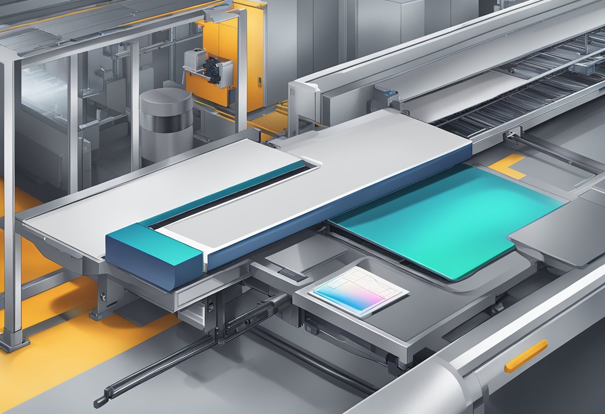 A printer spraying ink onto a blank mouse pad, with a conveyor belt moving the pad through the production line