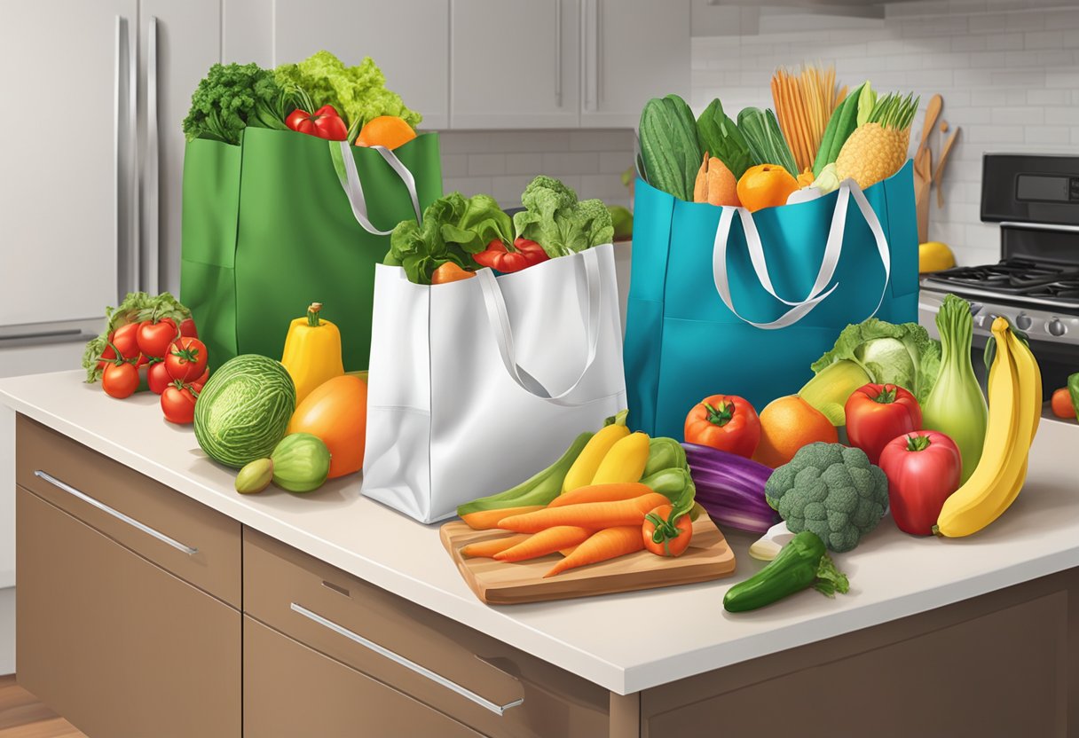 Colorful reusable shopping bags sit on a kitchen counter, filled with groceries and spilling out fresh produce