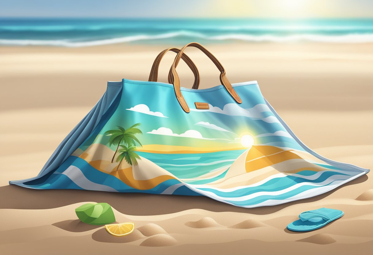 A foldable nylon tote bag lies open on a sandy beach, with a towel and sunscreen peeking out from inside