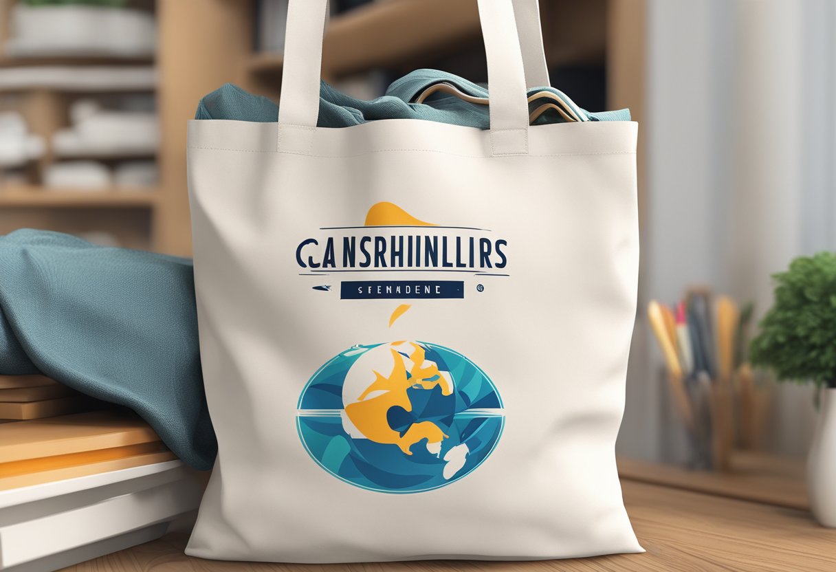 A tote bag with a printed logo is displayed prominently, with clean lines and vibrant colors, showcasing the custom design