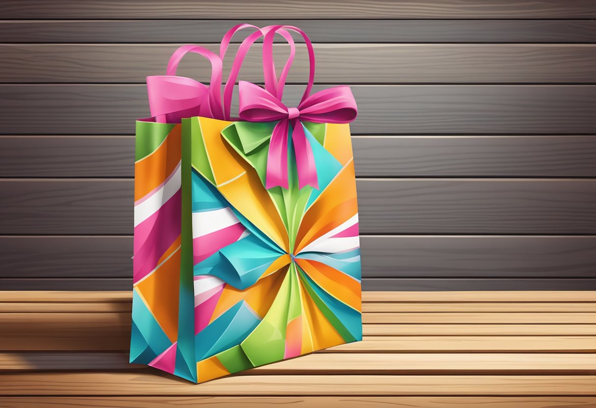 A colorful gift paper bag sits on a wooden table, adorned with a decorative ribbon and bow