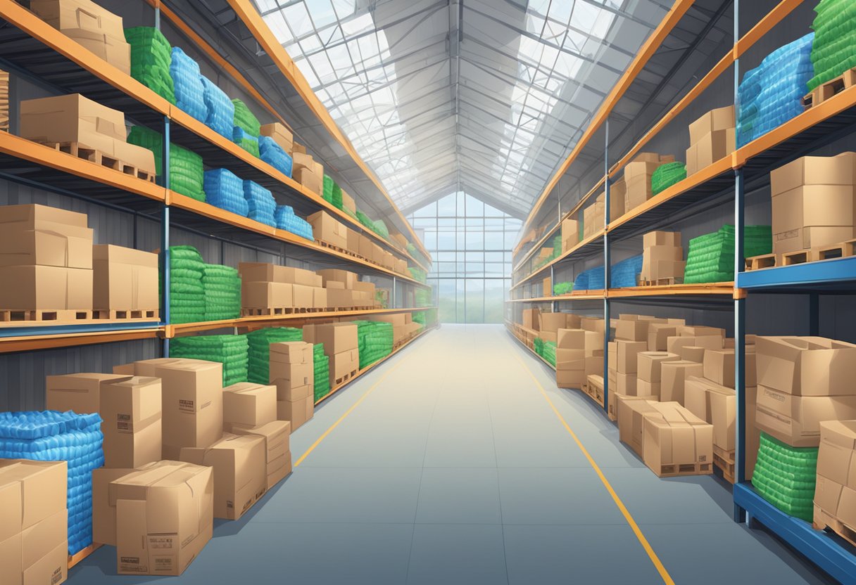 A warehouse filled with stacks of colorful, eco-friendly recycle bags. Conveyor belts transport bags to packaging area. Bright signage displays company logo and sustainability messages