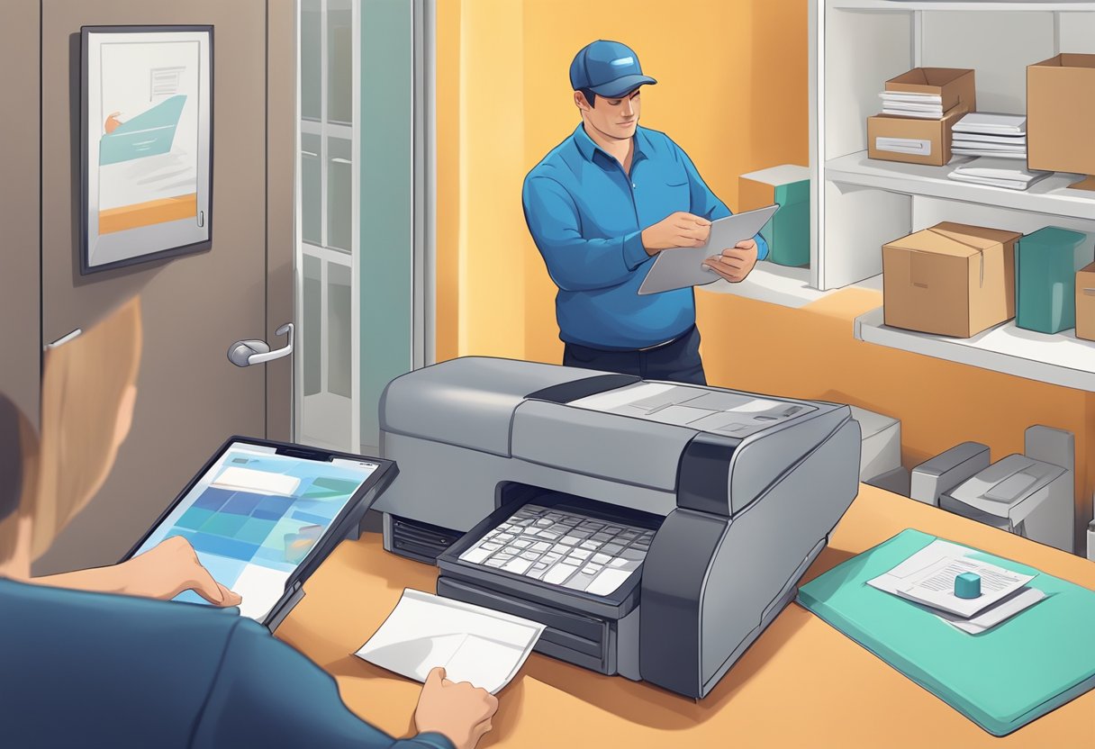 A hand places an order online, a printer prints on a mouse pad, and a delivery person delivers it to a customer's doorstep