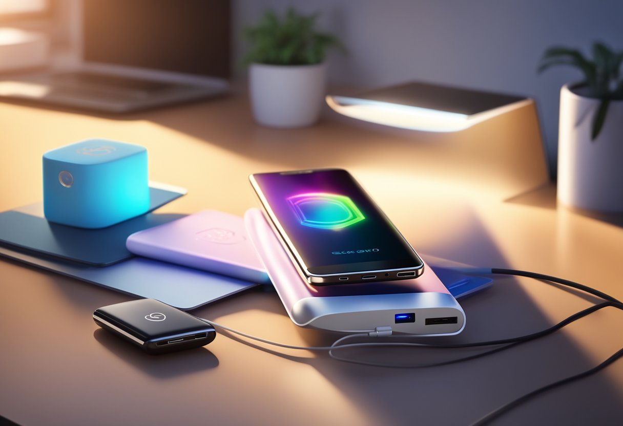 A sleek powerbank with company logo sits on a desk next to a laptop and notebook. Rays of light stream in through a nearby window, casting a warm glow
