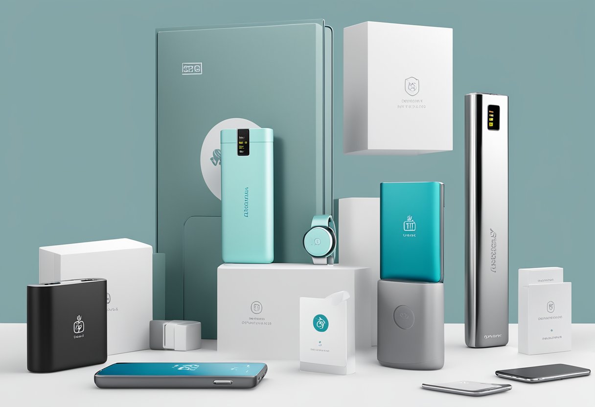 A hand reaches for a sleek powerbank on a display table, surrounded by other corporate gifting options. The powerbank is branded with a company logo and comes in a sophisticated gift box