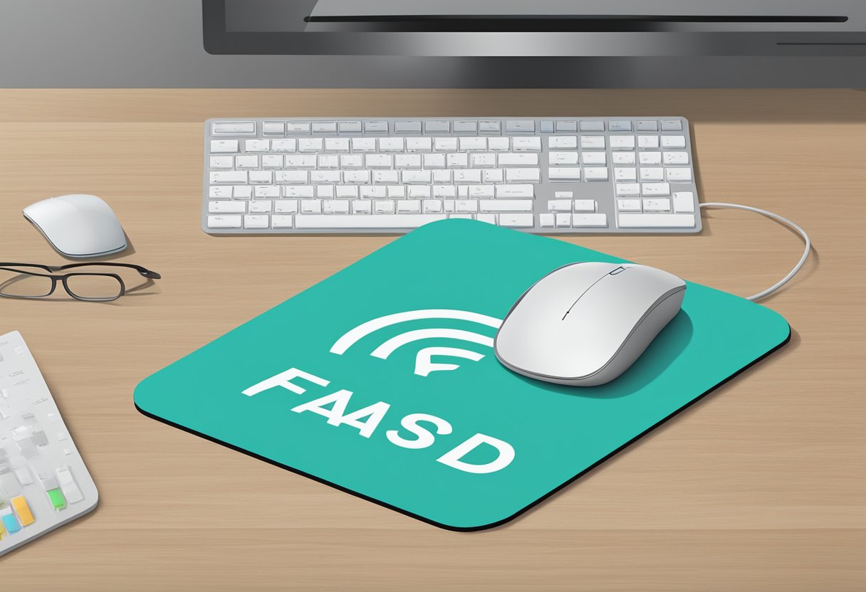 A computer mouse pad with "Frequently Asked Questions" printed in bold letters