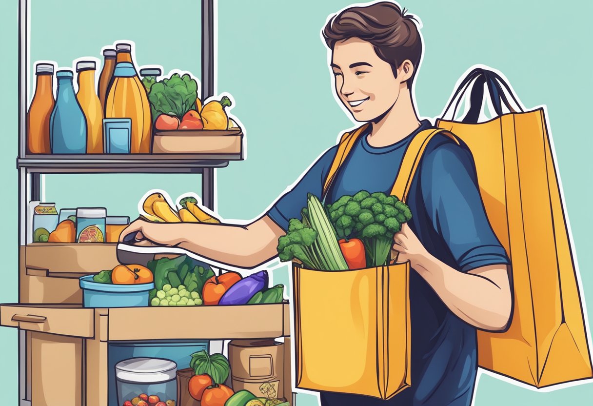 A person unfolds a nylon tote bag, filling it with groceries and promotional items