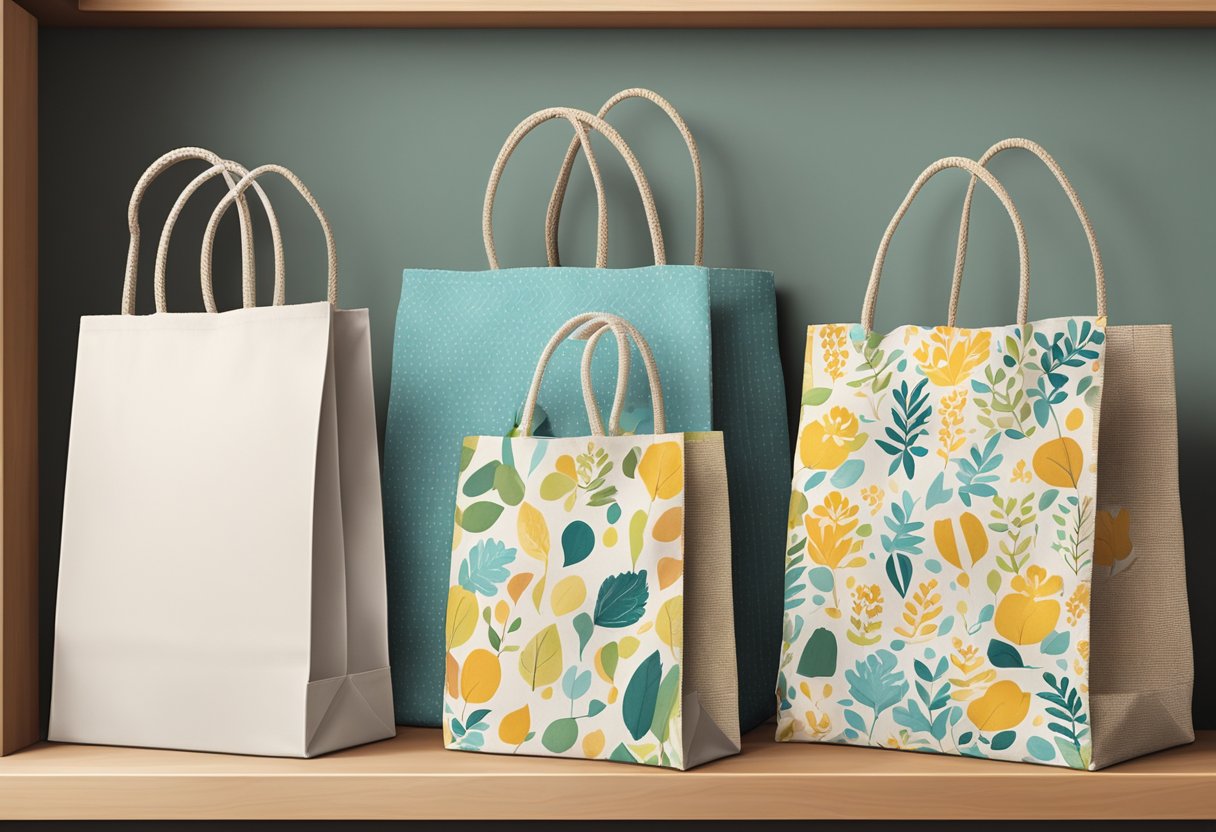 Various reusable shopping bags made of canvas, jute, and recycled materials displayed on a shelf. Some are plain, while others feature colorful patterns and designs