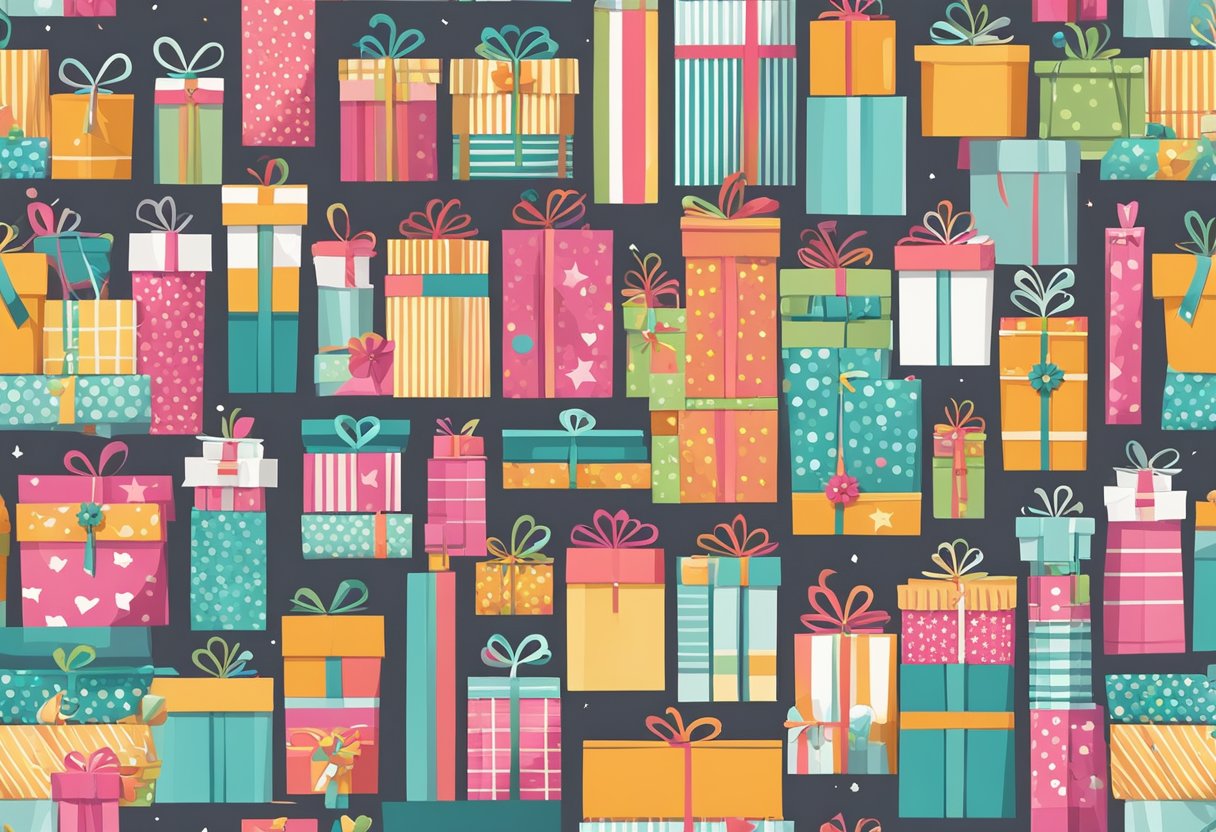 A gift paper bag with a colorful and festive design sits on a store shelf, surrounded by other gift wrapping supplies