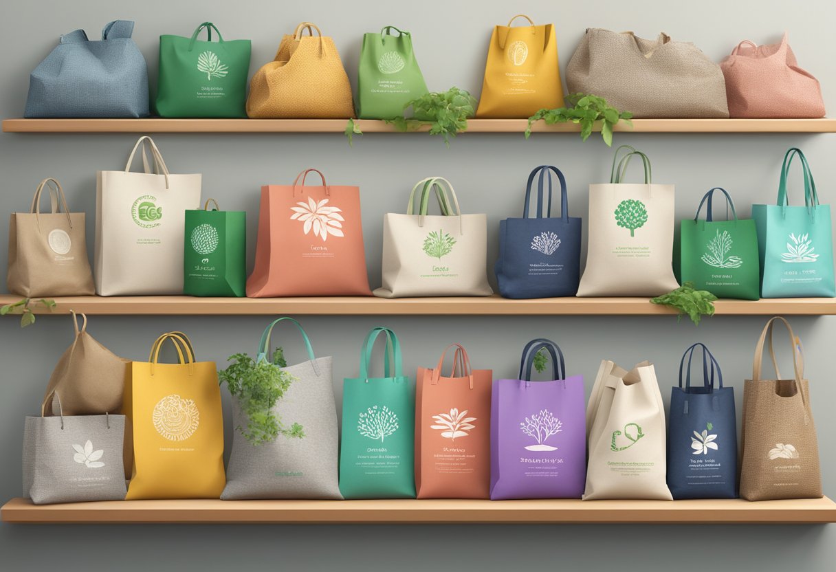 A colorful array of eco-friendly bags, made from recycled materials, displayed on a shelf with a "Benefits of Eco-Friendly Bags" sign above