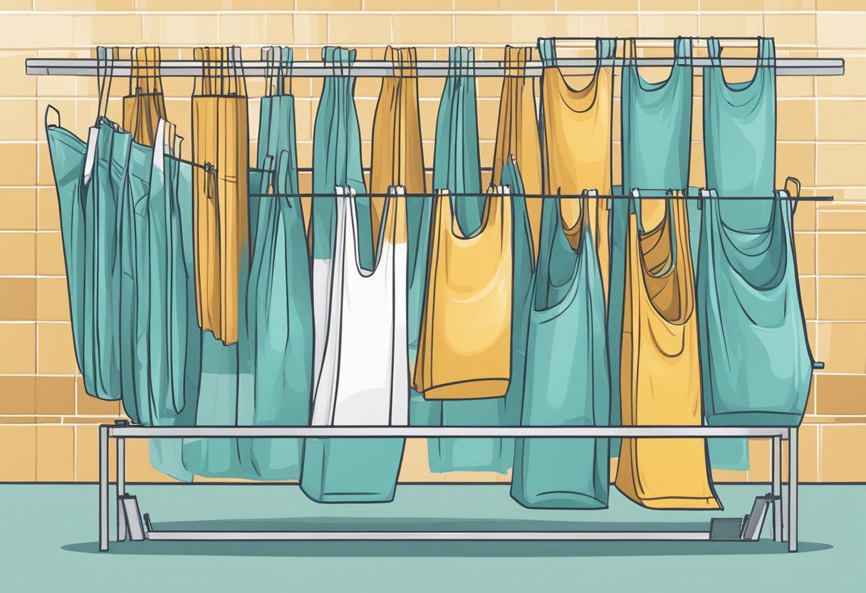 Reusable shopping bags being washed and hung to dry. A person folds and stores them neatly