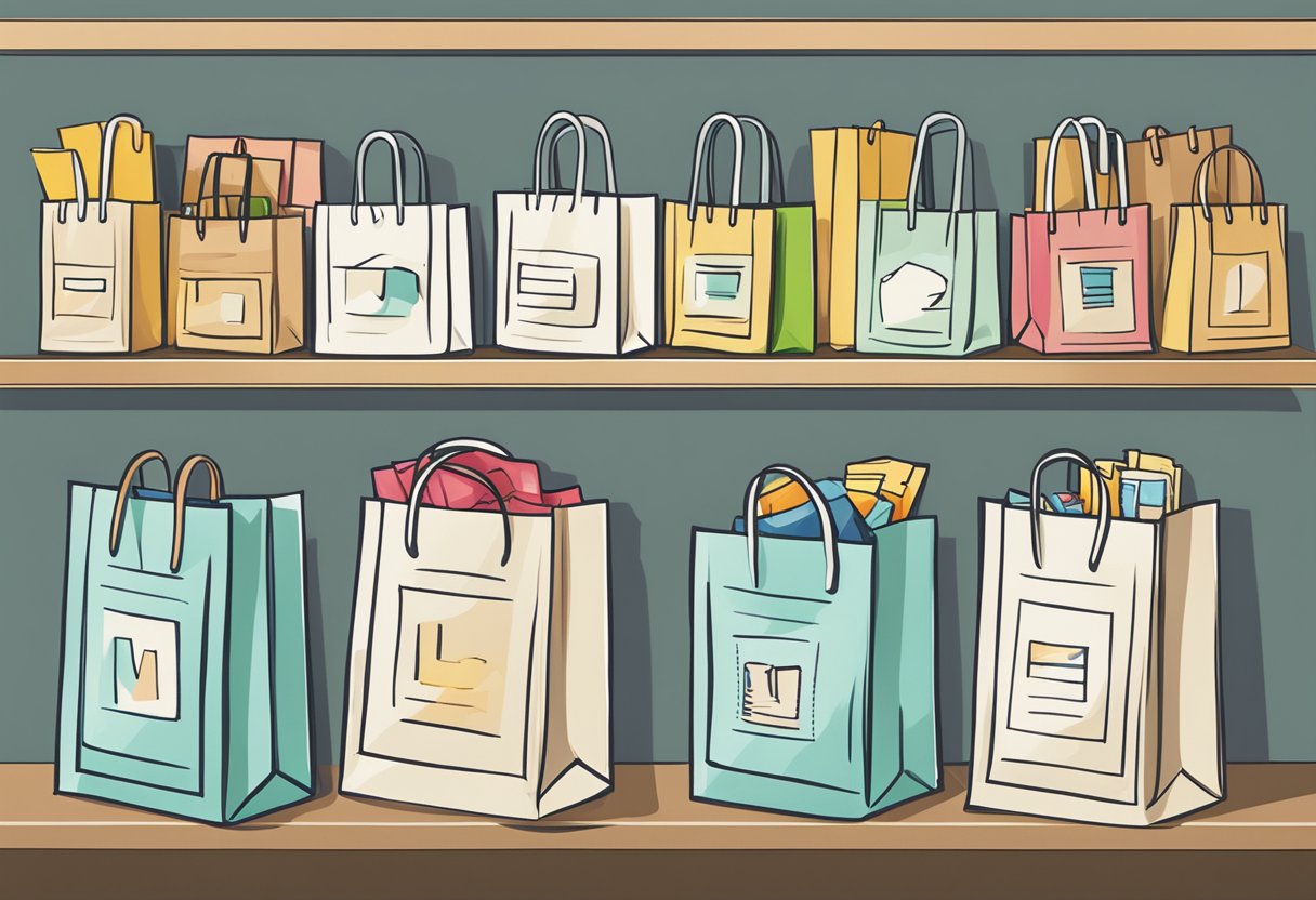 Reusable shopping bags arranged neatly on a shelf with a sign reading "Frequently Asked Questions" above them