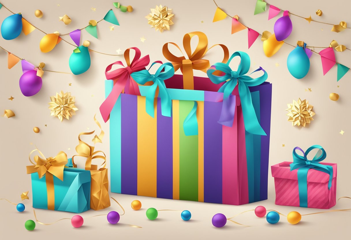 A colorful gift paper bag with "Frequently Asked Questions" written on it, surrounded by festive decorations and ribbons
