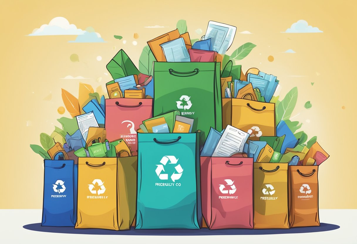 A stack of colorful recycle bags with "Frequently Asked Questions" printed on them, surrounded by eco-friendly symbols and images of recyclable materials