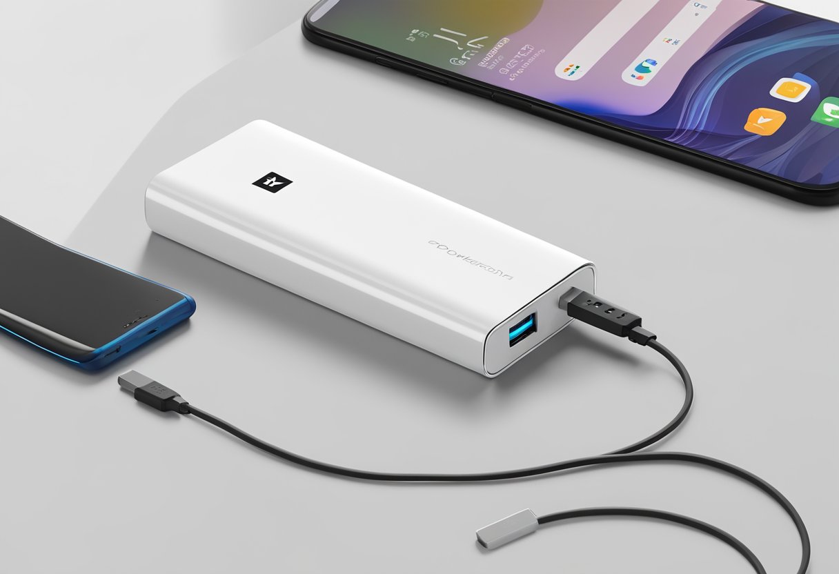 A sleek, modern powerbank sits on a clean, white surface with the company's logo prominently displayed. A professional gift box is open nearby, showcasing the powerbank's sleek design
