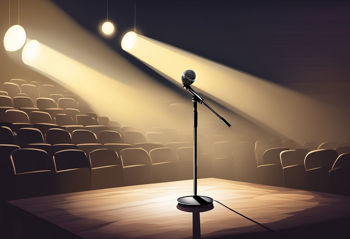 A microphone stands alone on a dimly lit stage, with a spotlight shining down on it, casting a dramatic shadow. The audience seats are empty, but the anticipation of a performance lingers in the air